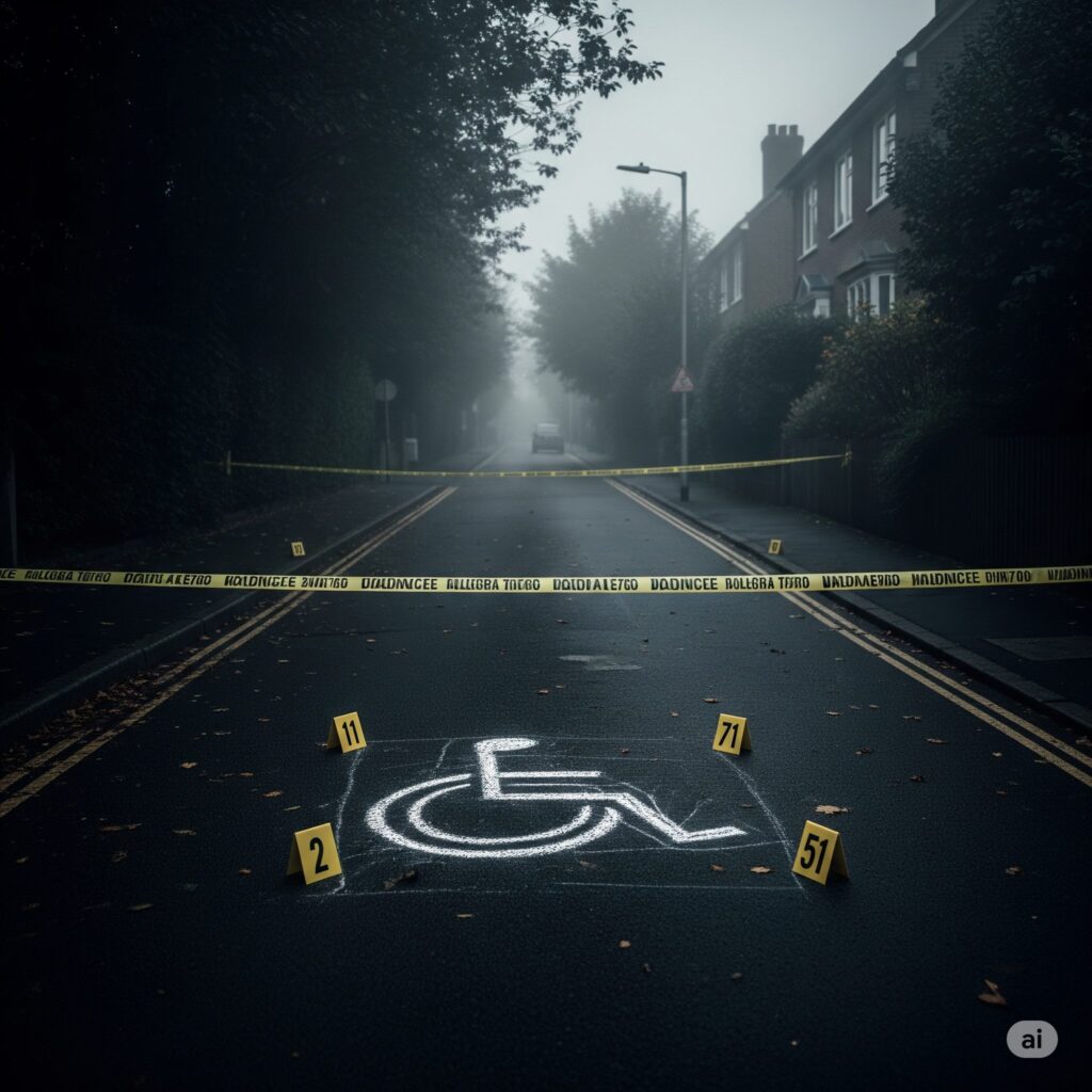 AI generated image of a hauntingly dark and mysterious scene with a white chalk outline of a wheelchair on the ground, symbolizing a true crime investigation focused on vulnerable individuals and the hope for advocacy and prevention.