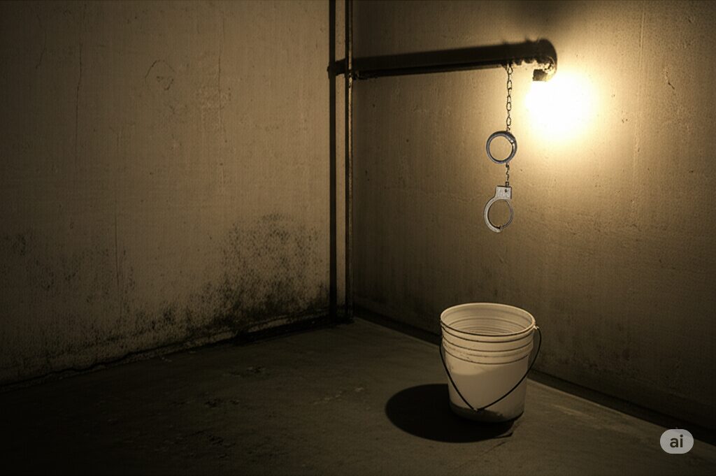 A generated image of a barely lit basement. only a bucket and a pair of handcuffs dangling from a metal pipe, signifying the person(s) were rescued from false imprisonment.