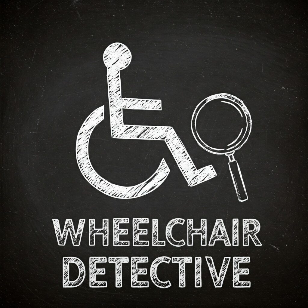 Ai drawing of wheelchair symbol and magnifying class Drawn in chalk. Below The wheelchair and magnifying glass read the words "Wheelchair detective"
